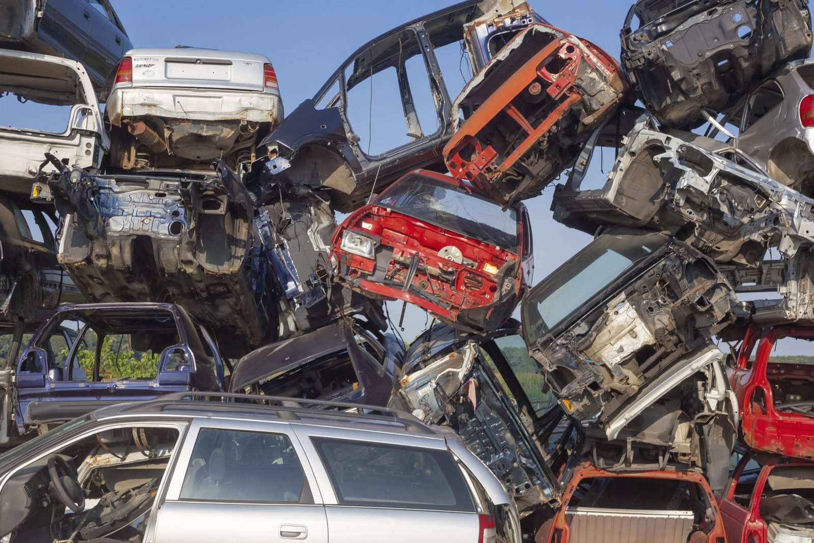 Scrap cars stacked for recycling